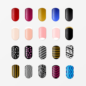 Set Of 25 Painted Nail Tips Isolated On White. Nail Art Design Concept. Different Ideas For DIY Manicure And Pedicure. Vector Illustration.