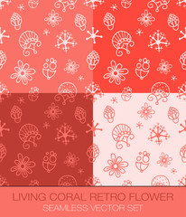 Living Coral Retro Flower Seamless Pattern Vector Set