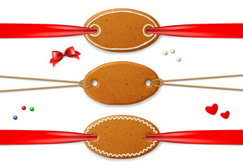 Set of vector realistic Christmas banner frames signages banners, made of realistic Christmas gingerbread, decorated with icing, on a white background