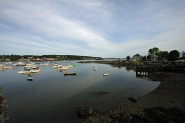 Town of Bass Harbor, Maine, and its harbor on a quiet summer afternoon
