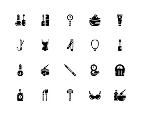 Set Of 20 icons such as Hair dye, Lingerie, Shaving razor, Brush, Perfume, Make up, Necklace, Nail file, polish, Mirror, icon pack