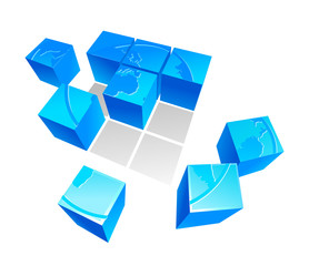 vector illustration of 3D puzzle of the earth map consisting of blue cubes