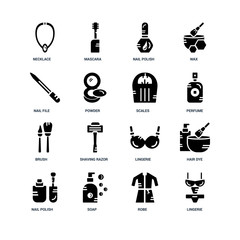 Set Of 16 icons such as Lingerie, Robe, Soap, Nail polish, Hair dye, Necklace, file, Brush, Scales icon
