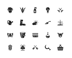 Set Of 20 icons such as Basket, Sickle, Fork, Fountain, Bird house, Rake, Trowel, Fence, Butterfly, Boots, Sprayer, icon pack