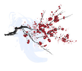 Fototapeta premium Realistic Sakura Blossom - Japanese Cherry Tree. Artistic Branch Plum Blossom.