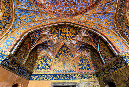 Intricate tomb ceiling details at famous Akbar Mausoleum in Agra, India