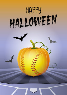 Happy Halloween. Sports greeting card. Realistic softball ball in the shape of a Pumpkin. Vector illustration.