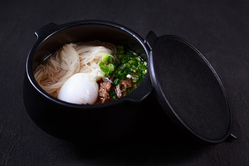 Japanese ramen soup with chicken, egg and chives. hot nourishing food, pan asian cuisine, restaurant menu
