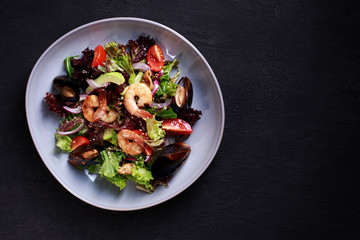 Seafood salad with shrimps and mussels restaurant serving. Mediterranean food, appetizer, banquet, restaurant menu, dining concept