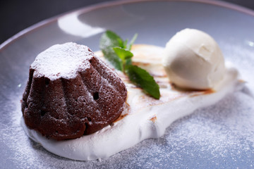 delicious chocolate fondant, lava cake, restaurant serving. traditional french dessert, sweet tasty food, molten chocolate cake