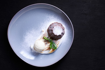 delicious chocolate fondant, lava cake, restaurant serving. traditional french dessert, sweet tasty food, molten chocolate cake