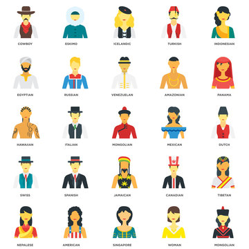 Simple Set of 25 Vector Icon. Contains such Icons as Mongolian, Woman, Singapore, American, Nepalese, Panama, Mexican, Jamaican, Swiss, Egyptian, Icelandic, Eskimo. Editable Stroke pixel perfect