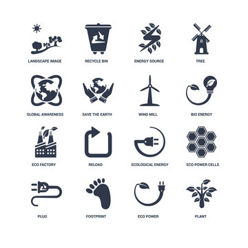 Set Of 16 icons such as Plant, Eco Power, Footprint, Plug, power