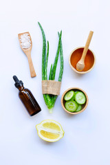 Aloe vera, lemon, cucumber, salt, honey. Natural ingredients for homemade skin care