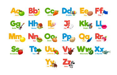 Cute cartoon animals alphabet for children education. Vector illustrations with descriptions. All elements are isolated. Letters and words. Flora, fauna, animals. Learn to read. 