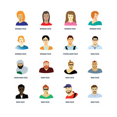 Set Of 16 icons such as Man face, Woman Arab young face icon