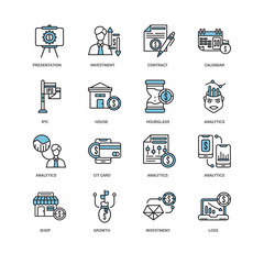 Simple Set of 16 Vector Icon. Contains such Icons as Loss, Investment, Growth, Shop, Analytics, Presentation, Ipo, Hourglass, undefined, undefined. Editable Stroke pixel perfect