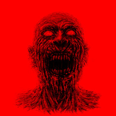 Angry zombie face on red background.