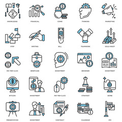 Simple Set of 25 Vector Icon. Contains such Icons as Ipo, Investment, Gold ingot, Financial, Presentation, Writing, Strategy, Pay per click. Editable Stroke pixel perfect