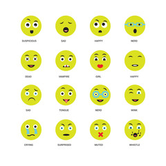 16 icons related to Whistle, Muted, Surprised, Crying, Wink, Suspicious, Dead, Sad, Girl, undefined, undefined signs. Vector illustration isolated on white background.