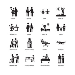 Simple Set of 16 Vector Icon. Contains such Icons as Recovery, Family, Couple, undefined, Exercise, Rehabilitation, Doctor. Editable Stroke pixel perfect