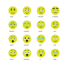 16 icons related to Nerd, Ti, Surprised, Happy, Bad, Greed, Nervous, Angry, Crying, undefined, undefined signs. Vector illustration isolated on white background.