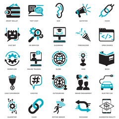 Simple Set of 25 Vector Icon. Contains such Icons as Augmented reality, Book, Open source, Text chat, Algorithm, HR Services, Brand Engagement, Workflow. Editable Stroke pixel perfect