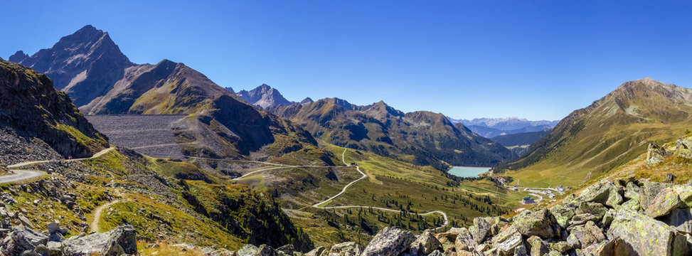 Wonderful panorama view of the Tirol Mountains with Alpine dams: Speicher Finstertal on the left and Speicher L&auml;ngental on the right in Kuhtai in Tirol, Austria