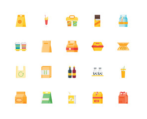 Simple Set of 20 Vector Icon. Contains such Icons as Take away, Pizza, Chocolate, Milkshake, Milk bottle, Drink. Editable Stroke pixel perfect