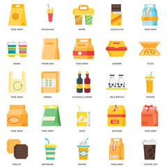 Simple Set of 25 Vector Icon. Contains such Icons as Coffee cup, Take away, Frappe, Beverage, Biscuit, Pizza, Milk bottle, Juice, Drink, Milkshake. Editable Stroke pixel perfect