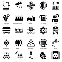 25 icons related to Socket, Leaf, Plug, Solar panel, Electric car, Home, Nuclear, Recycling, energy, Light bulb, Eolic Rain signs. Vector illustration isolated on white background.