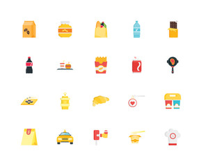 Simple Set of 20 Vector Icon. Contains such Icons as Working, Noodles, Online, Taxi, Receipt, Chocolate, Can, Bakery, Sushi, Fast food, Groceries. Editable Stroke pixel perfect