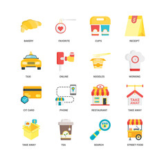 Simple Set of 16 Vector Icon. Contains such Icons as Street food, Search, Tea, Take away, Bakery, Taxi, Cit card, Noodles, undefined, undefined. Editable Stroke pixel perfect