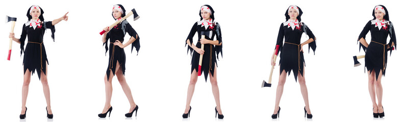 Young beautiful nun with hatchet isolated on white