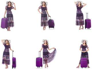 Young woman with suitcase isolated on white 