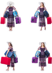 Young woman with suitcases isolated on white