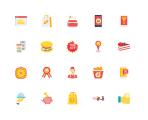 Simple Set of 20 Vector Icon. Contains such Icons as Review, Delivery, Bag, Saving, Tray, Mobile app, Location, Operator, Preparation, Burger, Take away. Editable Stroke pixel perfect