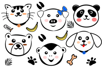 Set of free hand draw cute animals head