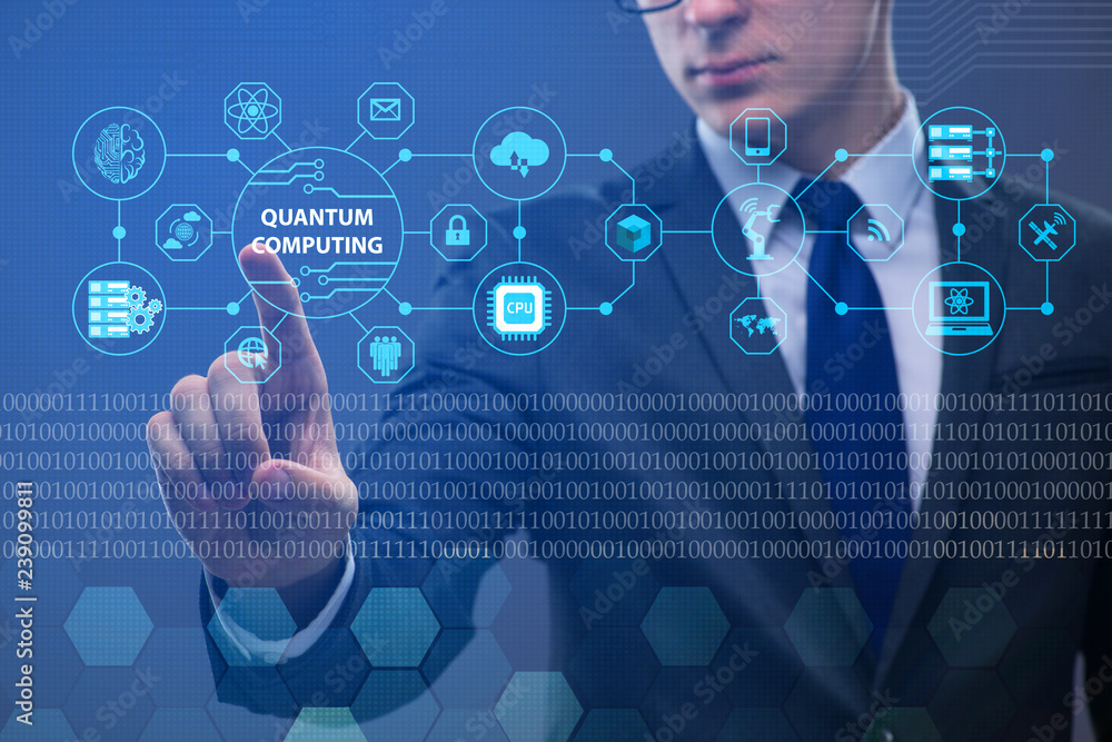 Poster businessman pressing virtual button in quantum computing concept
