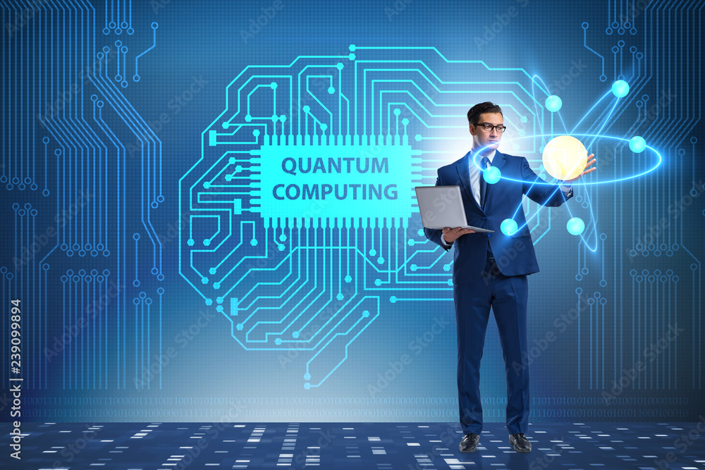 Aufkleber businessman pressing virtual button in quantum computing concept