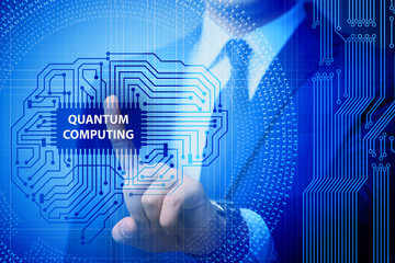 Businessman pressing virtual button in quantum computing concept