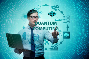 Businessman pressing virtual button in quantum computing concept