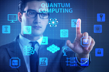 Businessman pressing virtual button in quantum computing concept