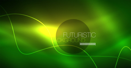 Abstract shiny glowinng color wave design element on dark background - science or technology concept