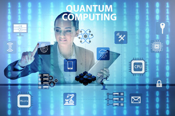 Businesswoman pressing virtual button in quantum computing concept