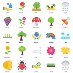 Set Of 25 icons such as Rain, Grass, Leaves, Ladybird, Orange, Umbrella, Rainbow, Wind, Sunflower, Grapes, Tree, Flower icon