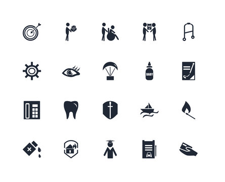 Set Of 20 icons such as Payment, Mortgage, Mortarboard, Insurance, Medicine, Walker, Newborn, Shield, Telephone, Eye, Wheelchair, icon pack