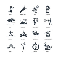 Obraz premium Simple Set of 16 Vector Icon. Contains such Icons as Route, Compass, Axe, Picnic, Cable car cabin, Kayak, Rain, Skater, Basketball, undefined, undefined. Editable Stroke pixel perfect