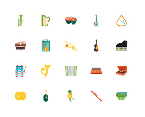 Set Of 20 icons such as Drum, Piccolo, Microphone, Ukelele, Cymbals, Triangle, Electric guitar, Accordion, Xylophone, Amplifier, Timpani, icon pack