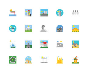 Set Of 20 icons such as Moulin rouge, Pyramids, Terracotta army, Flatiron, Pentagon, Times square, Centre georges pompidou, Taipei 101, icon pack